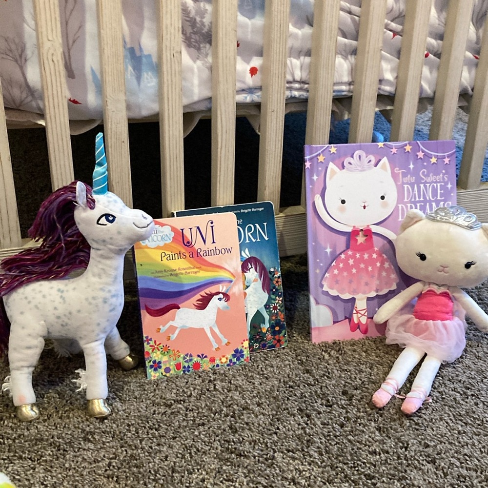 Uni the unicorn with books and tie tie sweets dance dreams with cat stuff animal